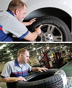 Installer checking tire diameter